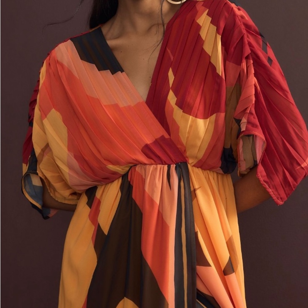 FARM Rio Red Orange & Yellow Abstract Pleated Maxi Dress - Picture 3 of 13
